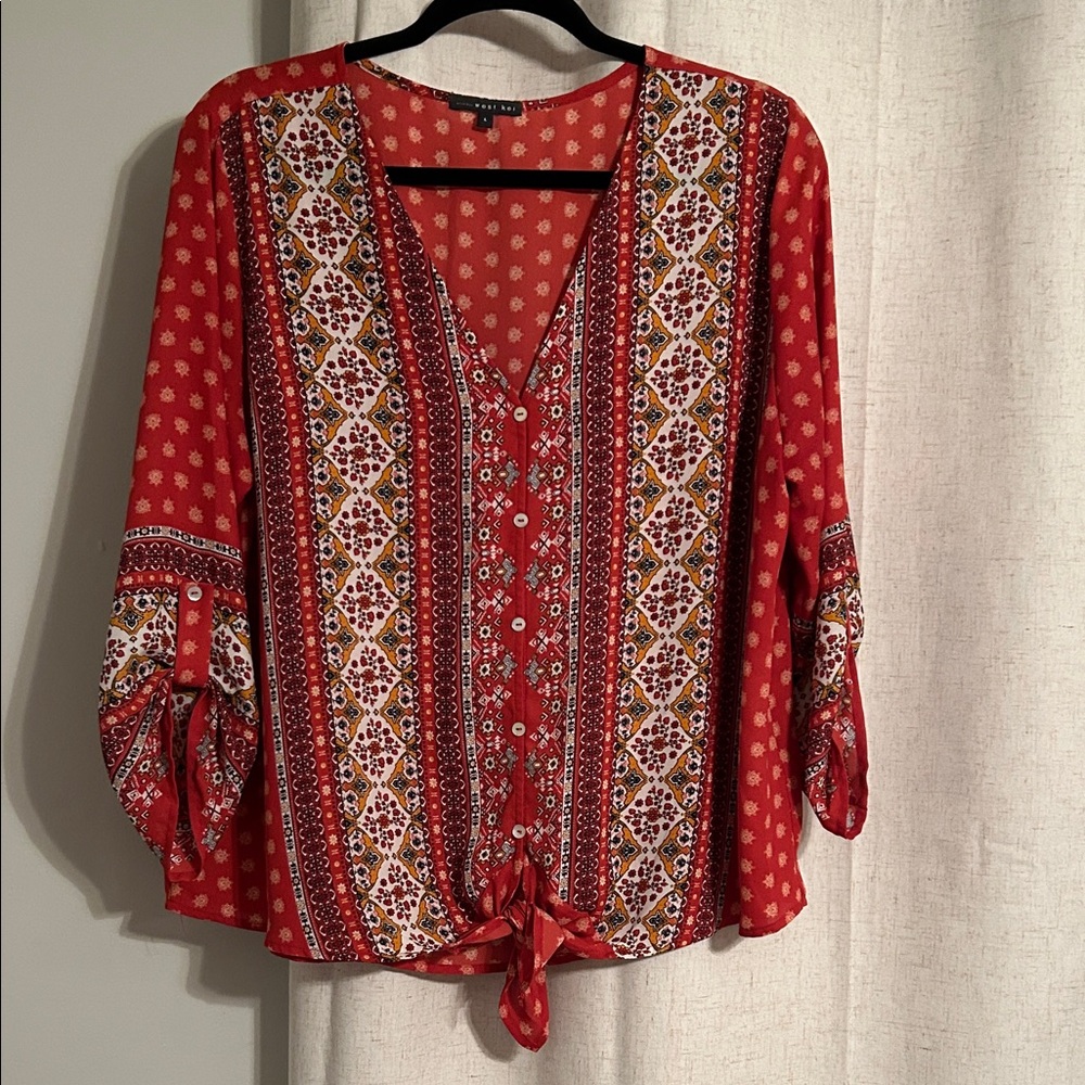 West Kei Red Printed V-Neck Button Tie-Front Blouse